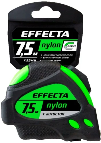 Рулетка 7,5м 25мм обрезиненный корпус фиксатор Effecta Nylon автостоп магнит 587525  1 6