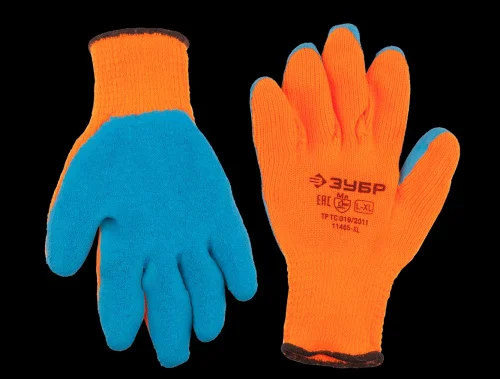 Перчатки утеплённые акриловые рельефное латексное покрытие сигнальный цвет размер L-XL Зубр Урал Про