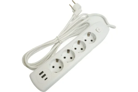 Удлинитель 4х1,8м c з 3x1 мм2 250В, 10А, 2USB+1Type-C 2,4А Home белый HM08-43-02 Stekker  1